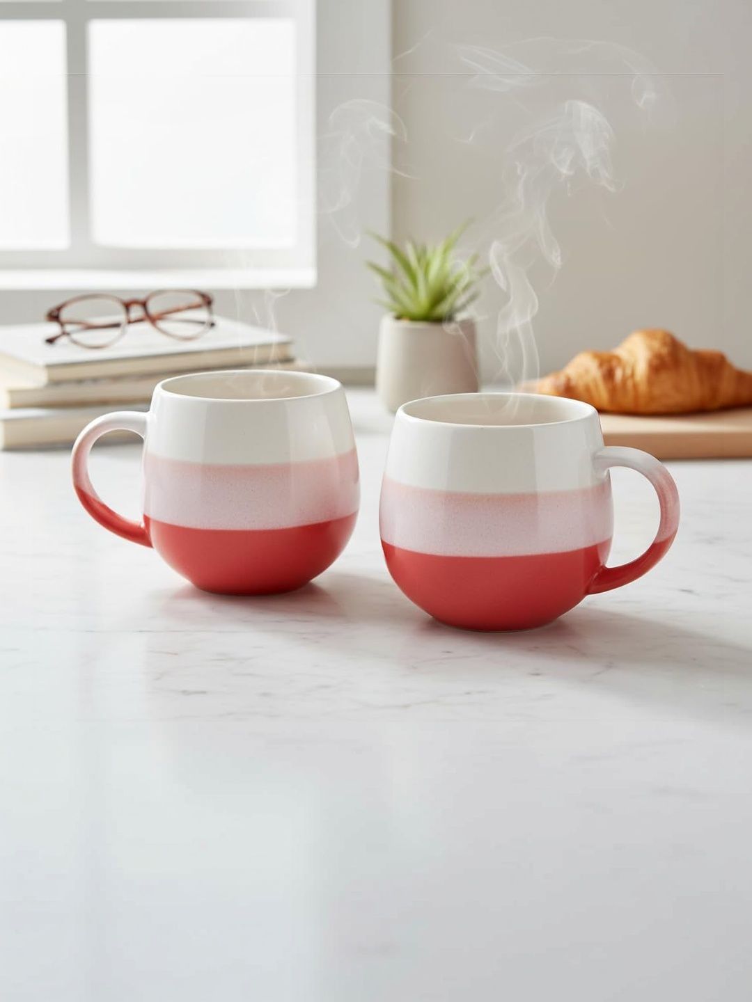 Femora Red & White Crafted Ceramics Colourblocked Ceramic Glossy Core Set of Cups and Mugs-image-48