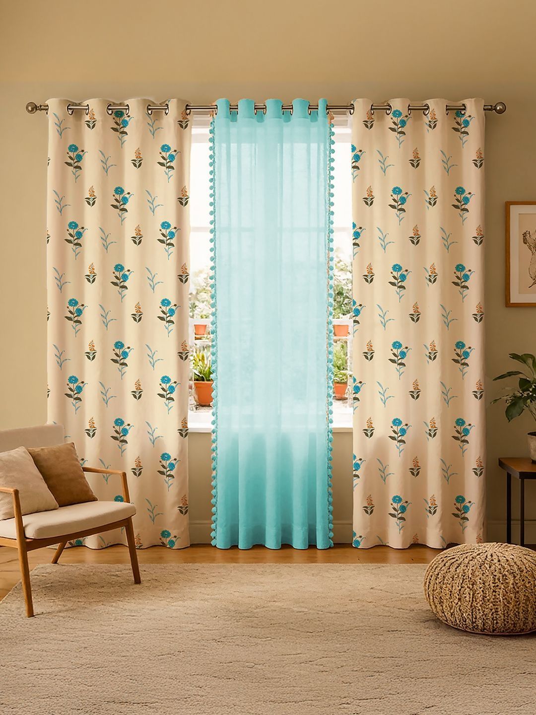 URBAN SPACE Blue & Beige Set of 3 Floral Door Curtain-picture-47