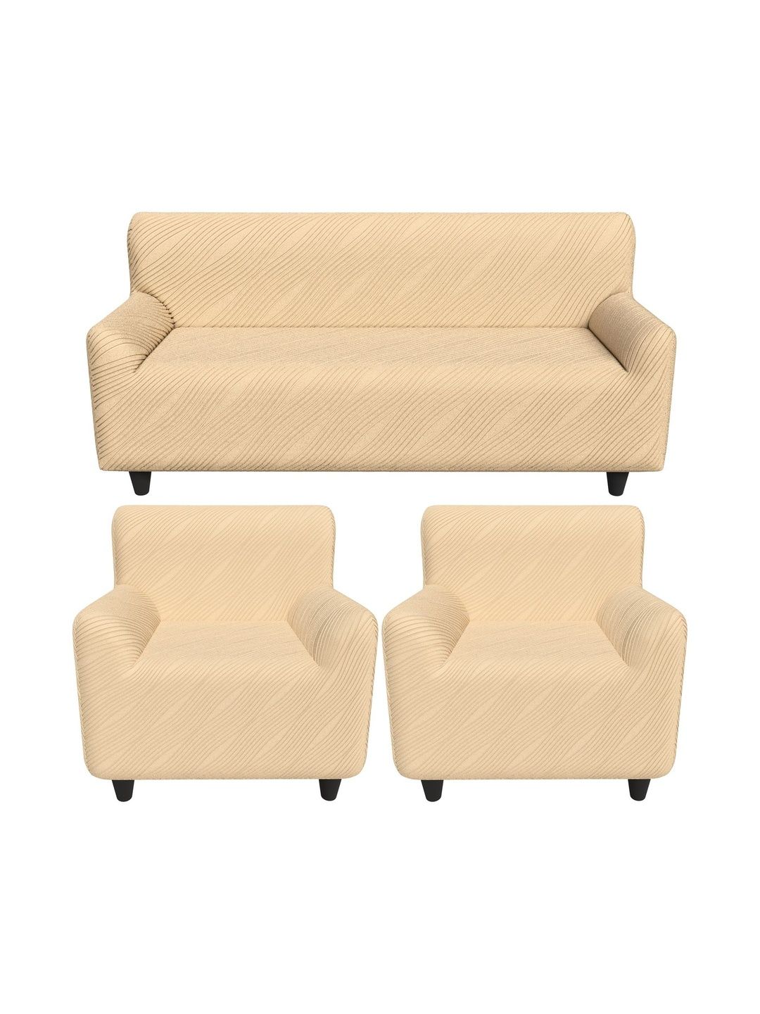 Furshine Cream-Coloured & Beige Striped Polyester 3 Piece Sofa Cover With Arms-picture-33