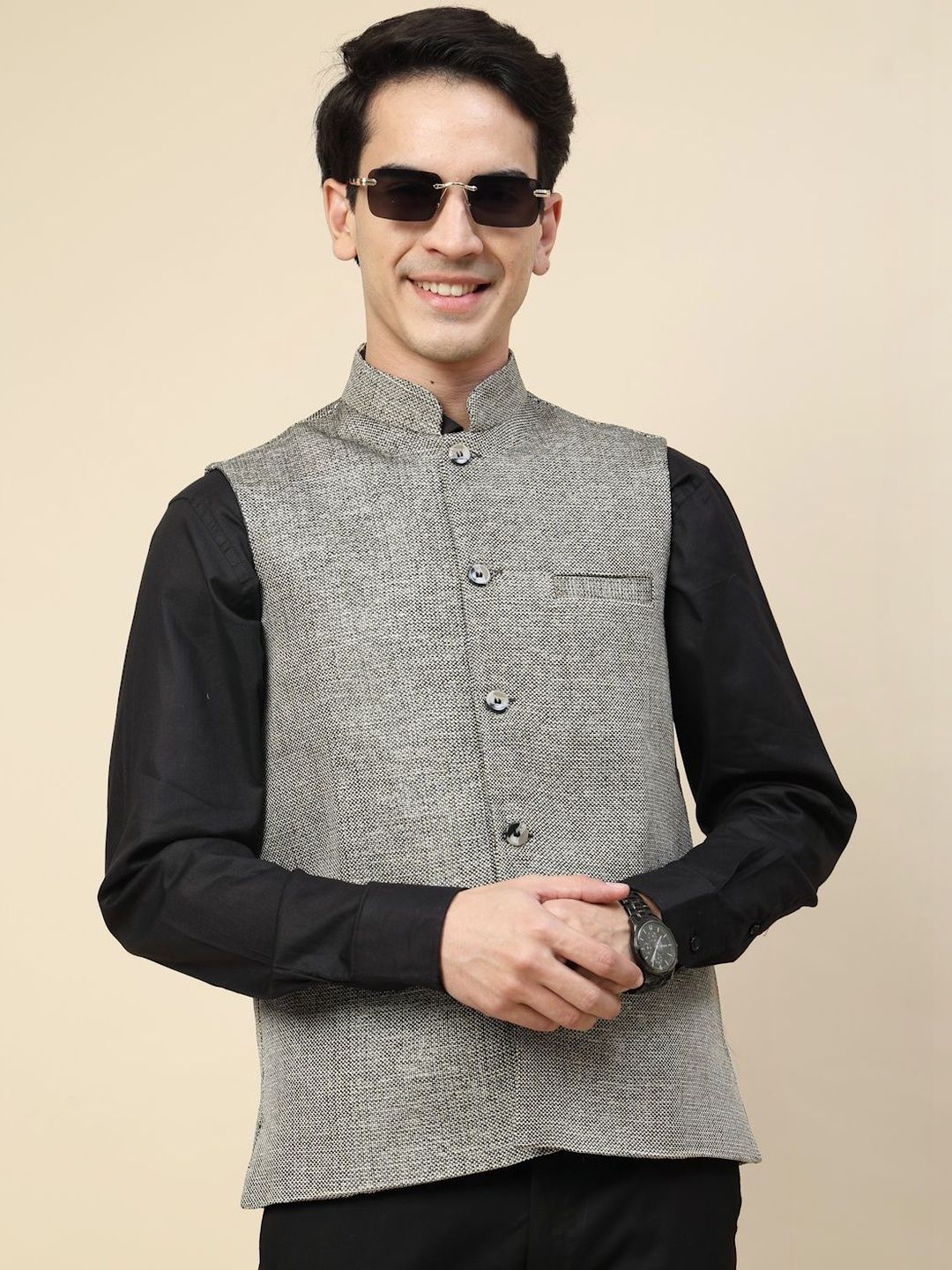 KLOTTHE Woven Design Mandarin Collar Neck Nehru Jacket-image-35