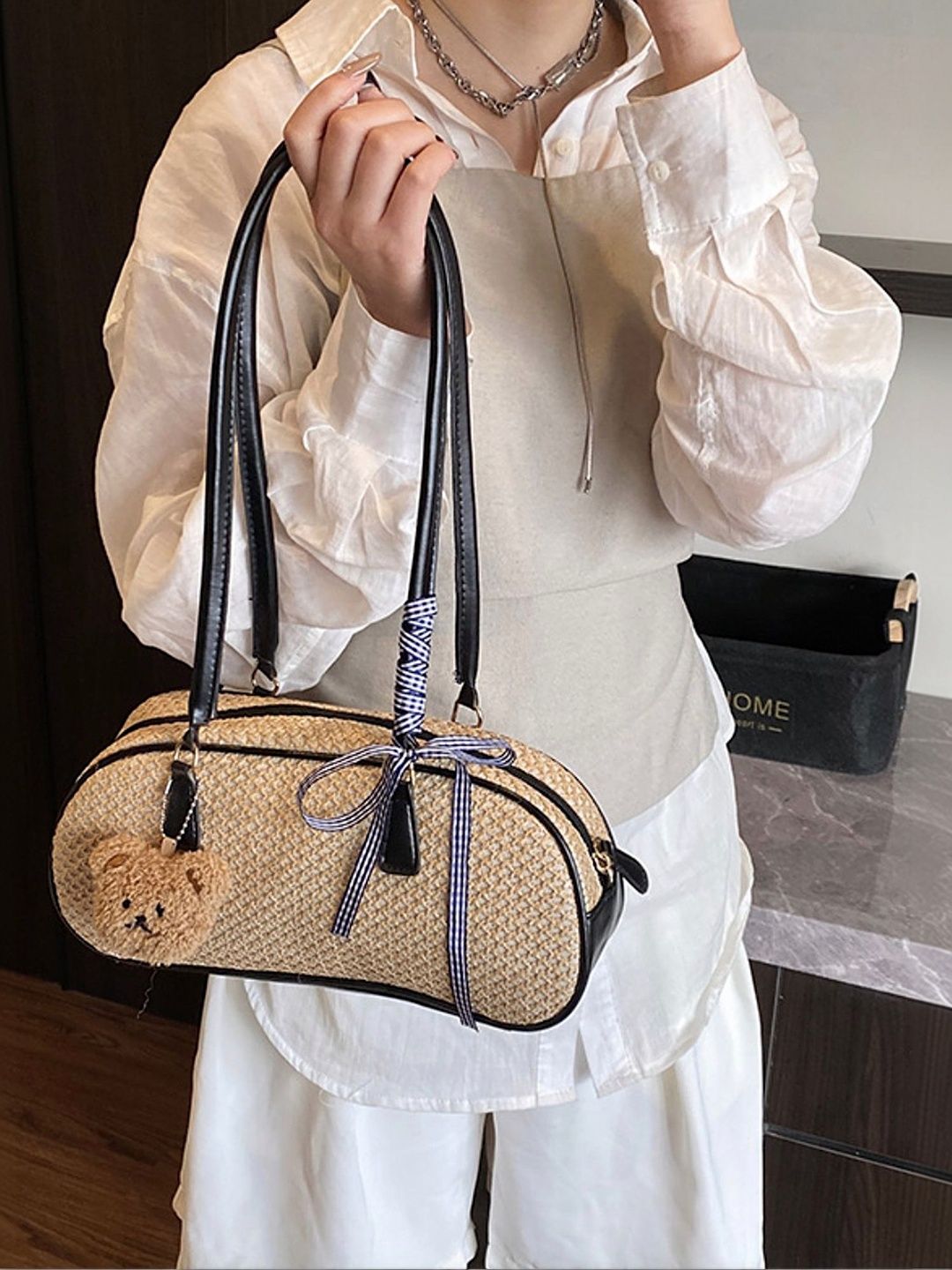 LULU & SKY Textured PU Half Moon Shoulder Bag with Bow Detail-image-10