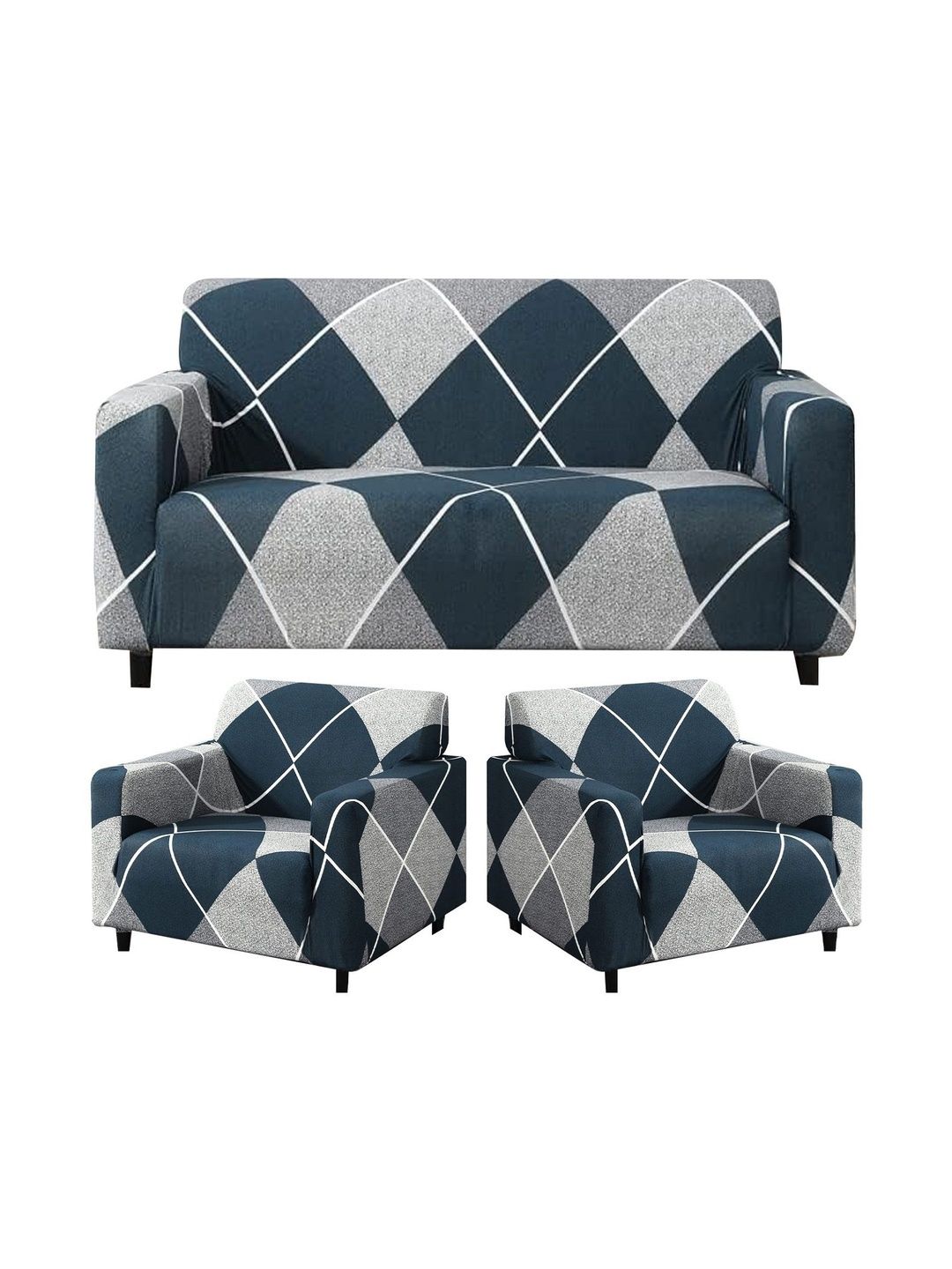 Furshine Blue & Navy Blue Printed Polyester 3 Piece Sofa Cover With Arms