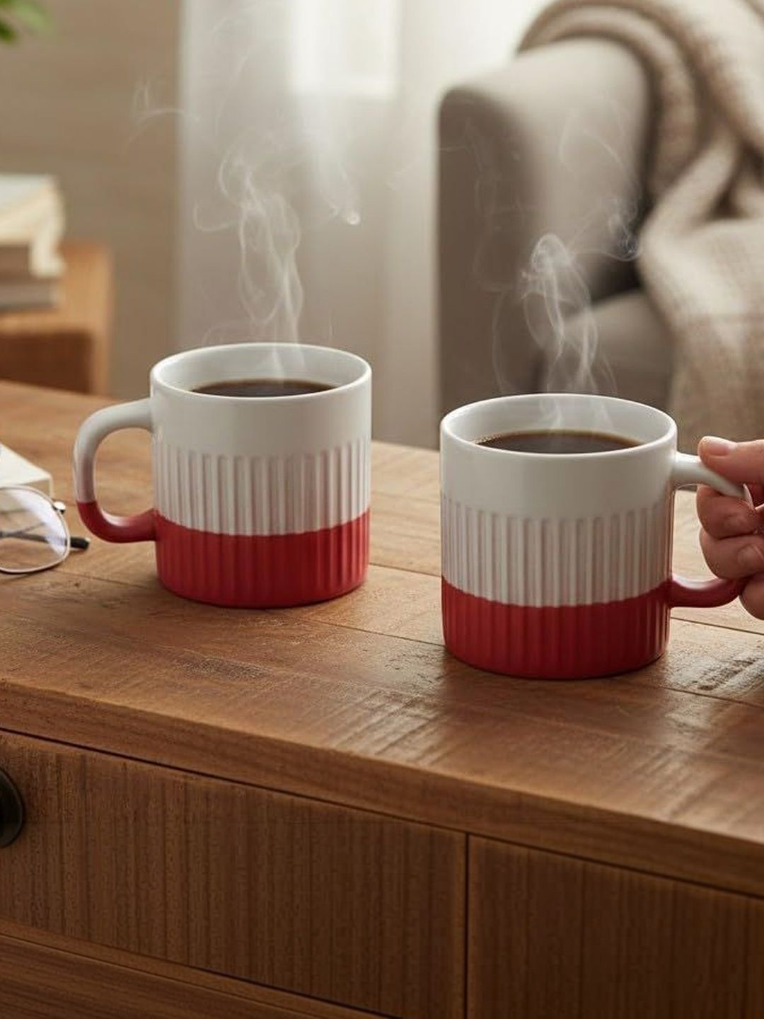 Femora Red & White Crafted Ceramics Textured Ceramic Glossy Core Set of Cups and Mugs-image-32