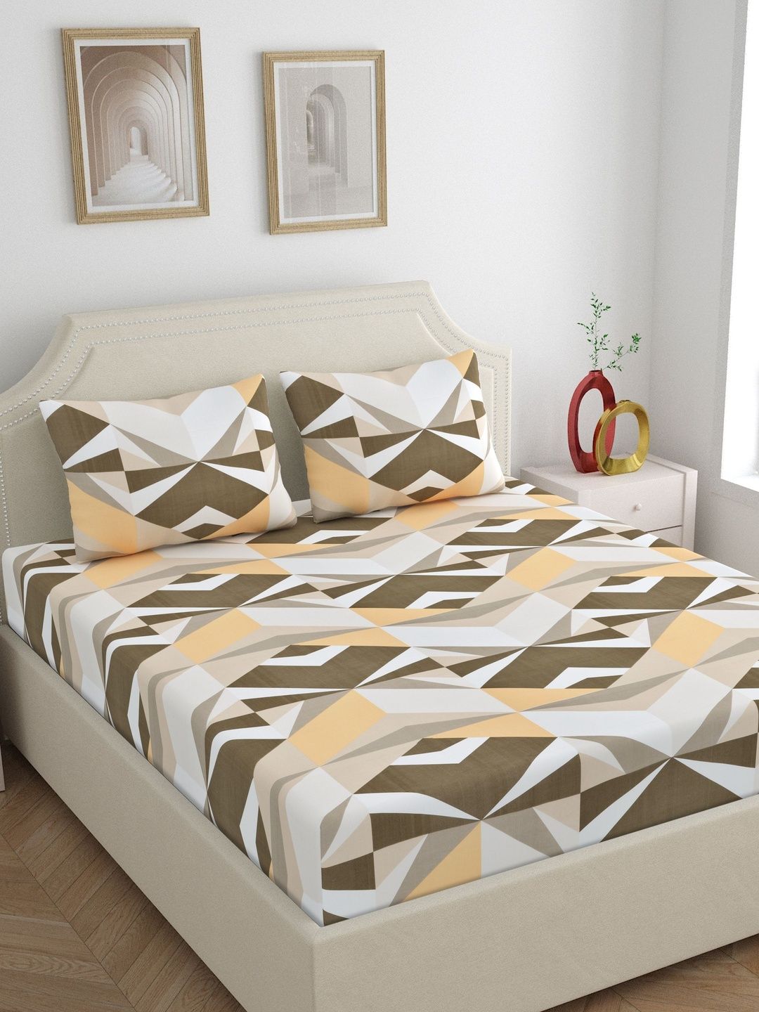 Home Ecstasy Brown Geometric 300 TC Queen Bedsheet with 2 Pillow Covers-picture-23