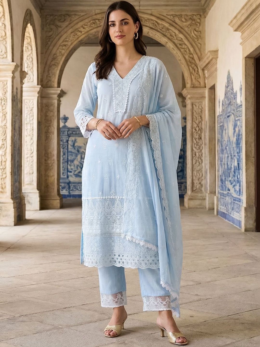 Indo Era Women Ethnic Motifs Embroidered Regular Thread Work Pure Cotton Kurta with Trousers & With Dupatta-picture-31