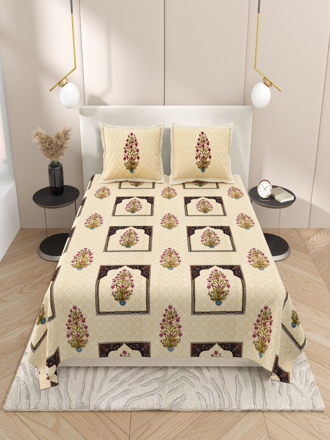 Sangria Yellow & Pink Floral Pure Cotton Soft Feel 160 TC King Regular Bedsheets-image-26