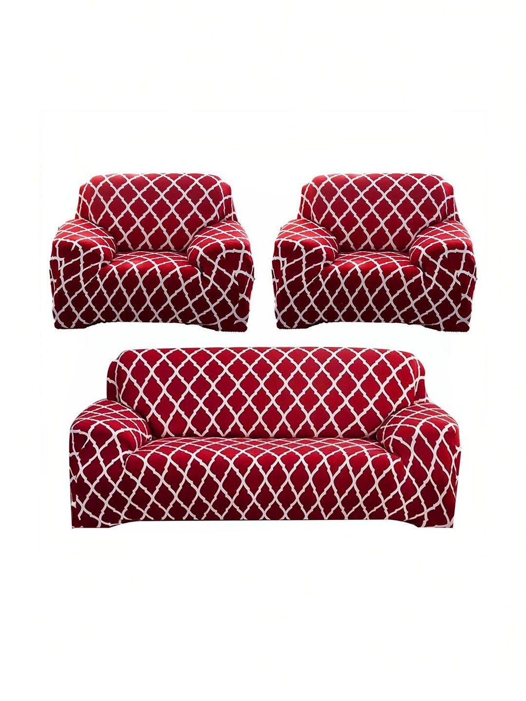 Furshine Burgundy & Red Printed Polyester 3 Piece Sofa Cover With Arms-picture-21