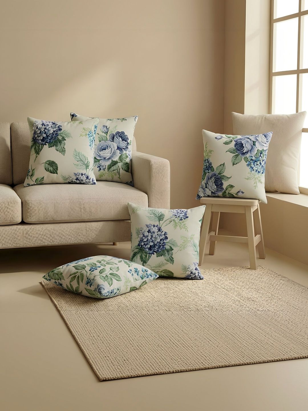 The Home Story Off White & Blue Set of 5 Floral Square Cushion Covers-picture-22