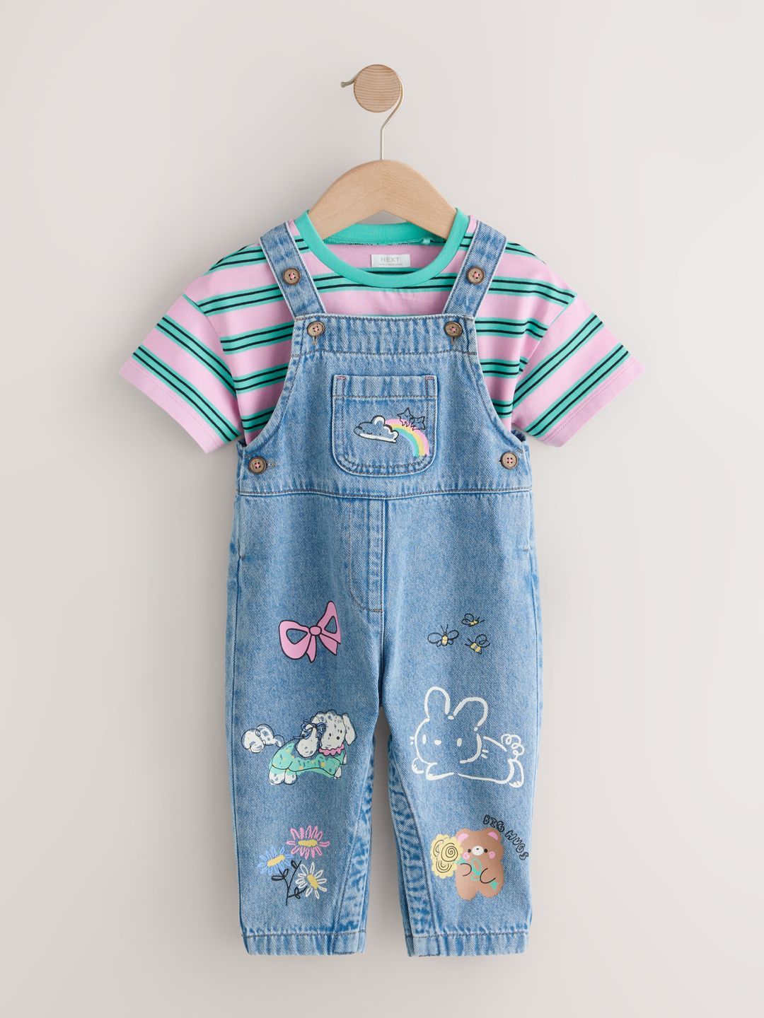 NEXT Girls Pure Cotton Striped T-shirt with Denim Dungaree