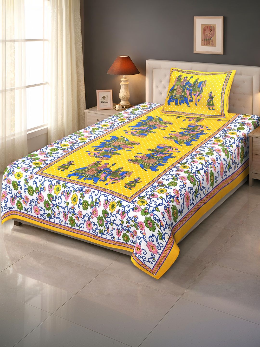 MAGICAL Yellow Ethnic Motifs 144 TC Single Bedsheet with 1 Pillow Covers-picture-21
