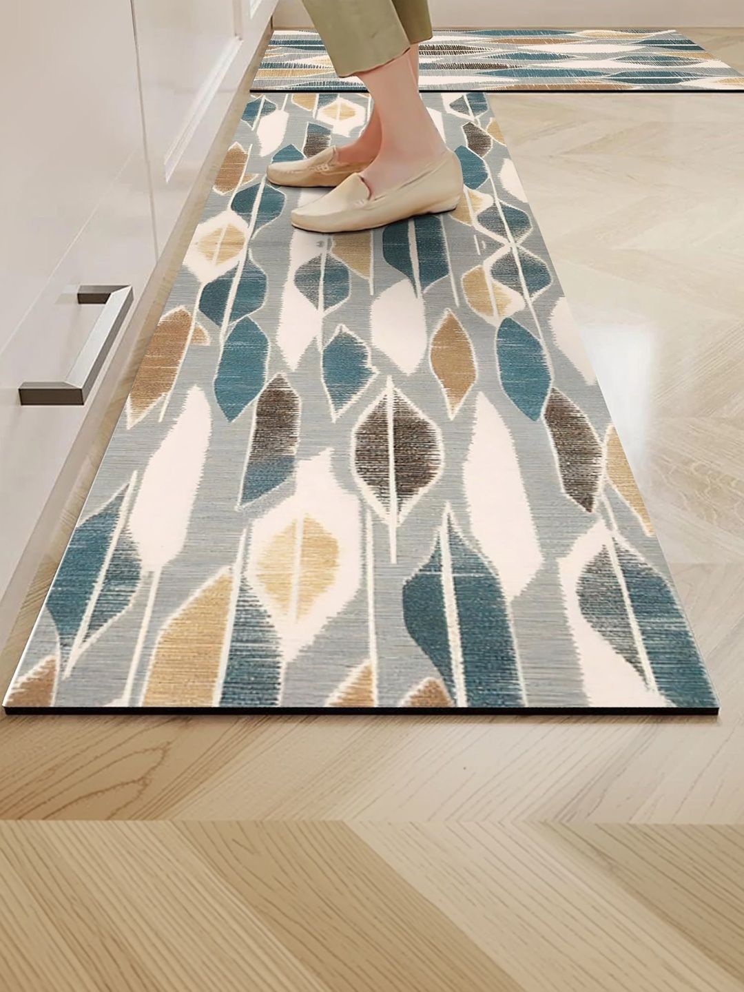 Yellow Weaves Off-White & Green Printed Rubber Anti-Slip 2-Pcs Kitchen Mats-image-41