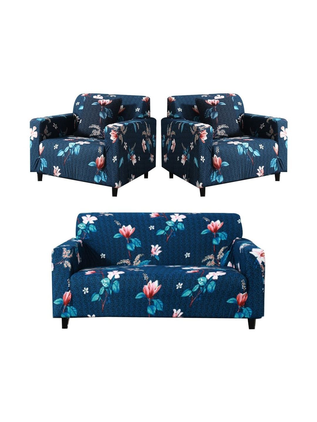 Furshine Blue & Navy Blue Printed Polyester 3 Piece Sofa Cover With Arms-picture-29