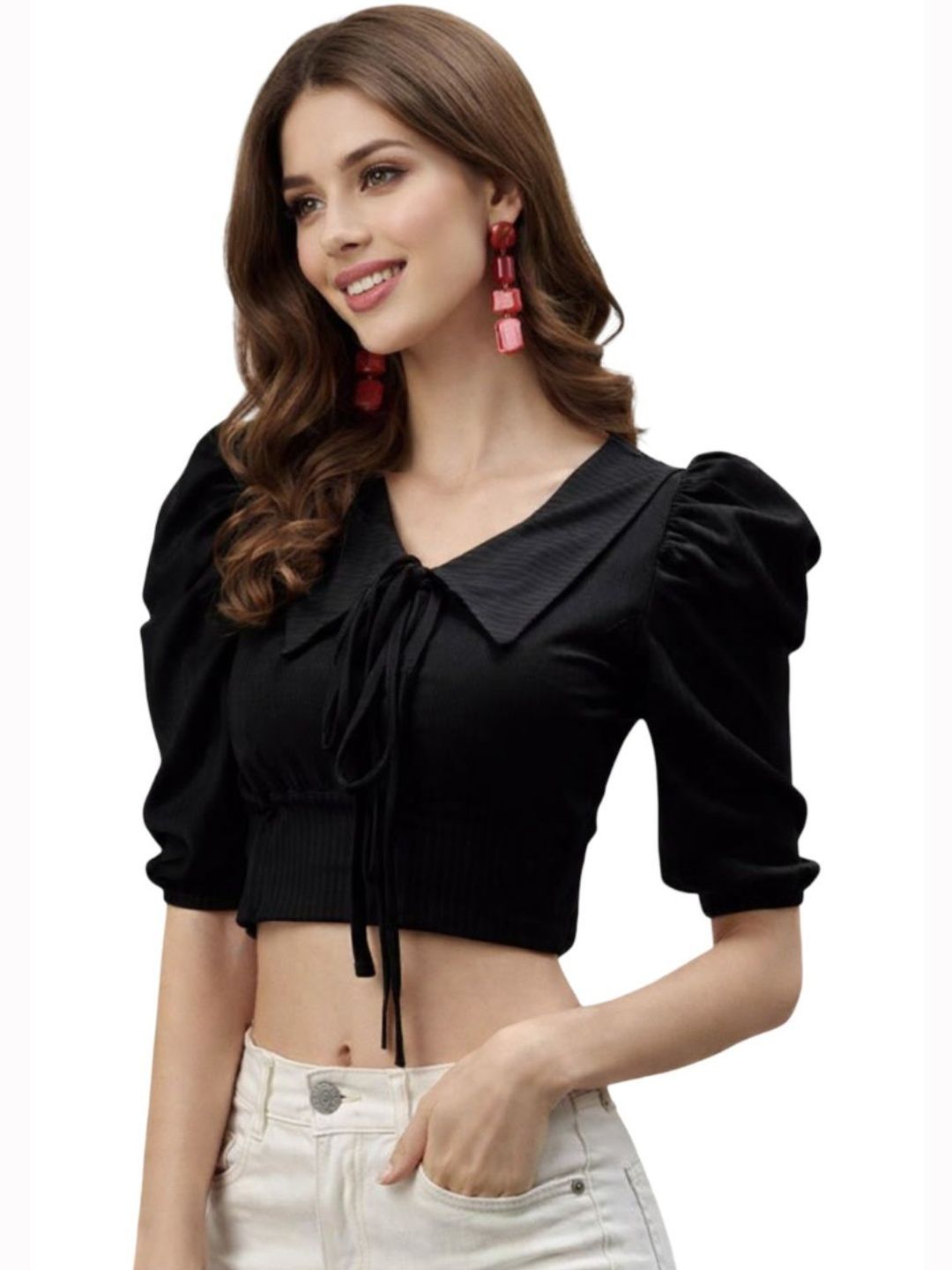 SS Sanket Synthetics Tie-Up Neck Puff Sleeve Crop Top-picture-26