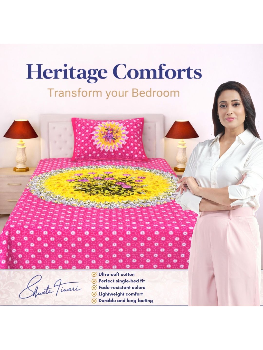 MAGICAL Pink Floral 144 TC Single Bedsheet with 1 Pillow Covers-image-42