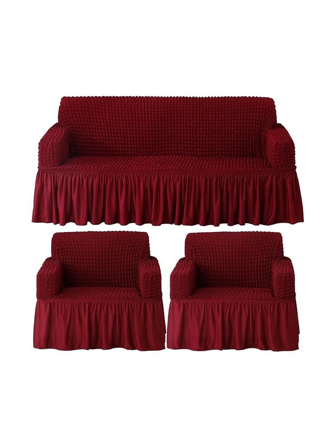 Furshine Red & Maroon Solid Polyester 3 Piece Sofa Cover With Arms-image-46