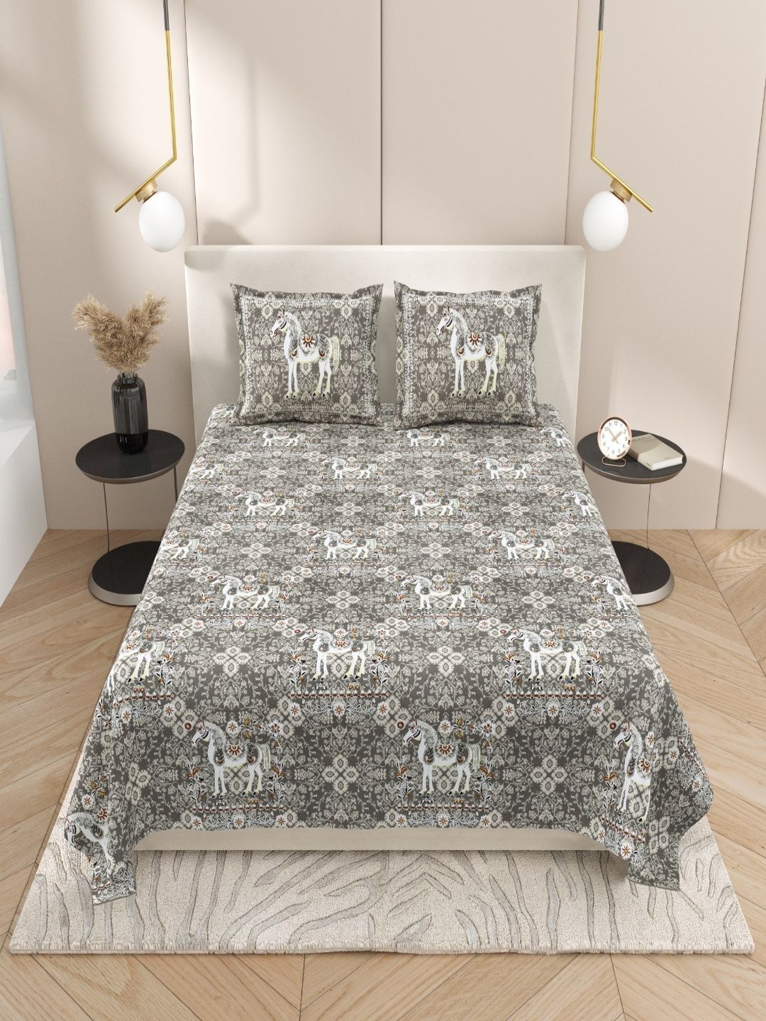 Sangria Grey & White Animal Pure Cotton Soft Feel 160 TC King Fine Bedsheets-picture-44