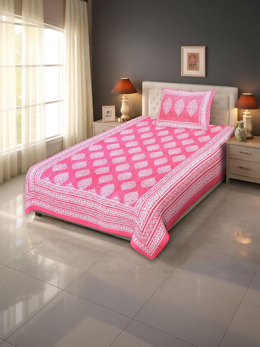 MAGICAL Pink 144 TC Single Bedsheet with 1 Pillow Covers-picture-27