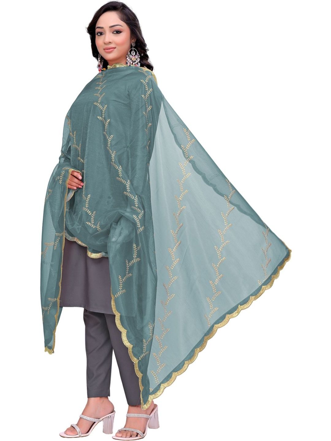 Kemza Embroidered Organza Floral Dupatta with Sequinned-picture-12