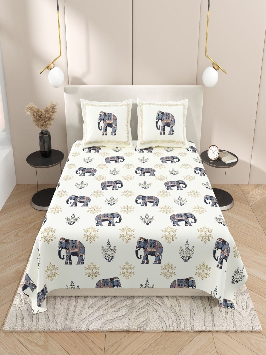 Sangria Cream-Coloured & Blue Animal Pure Cotton Soft Feel 160 TC King Regular Bedsheets-image-18