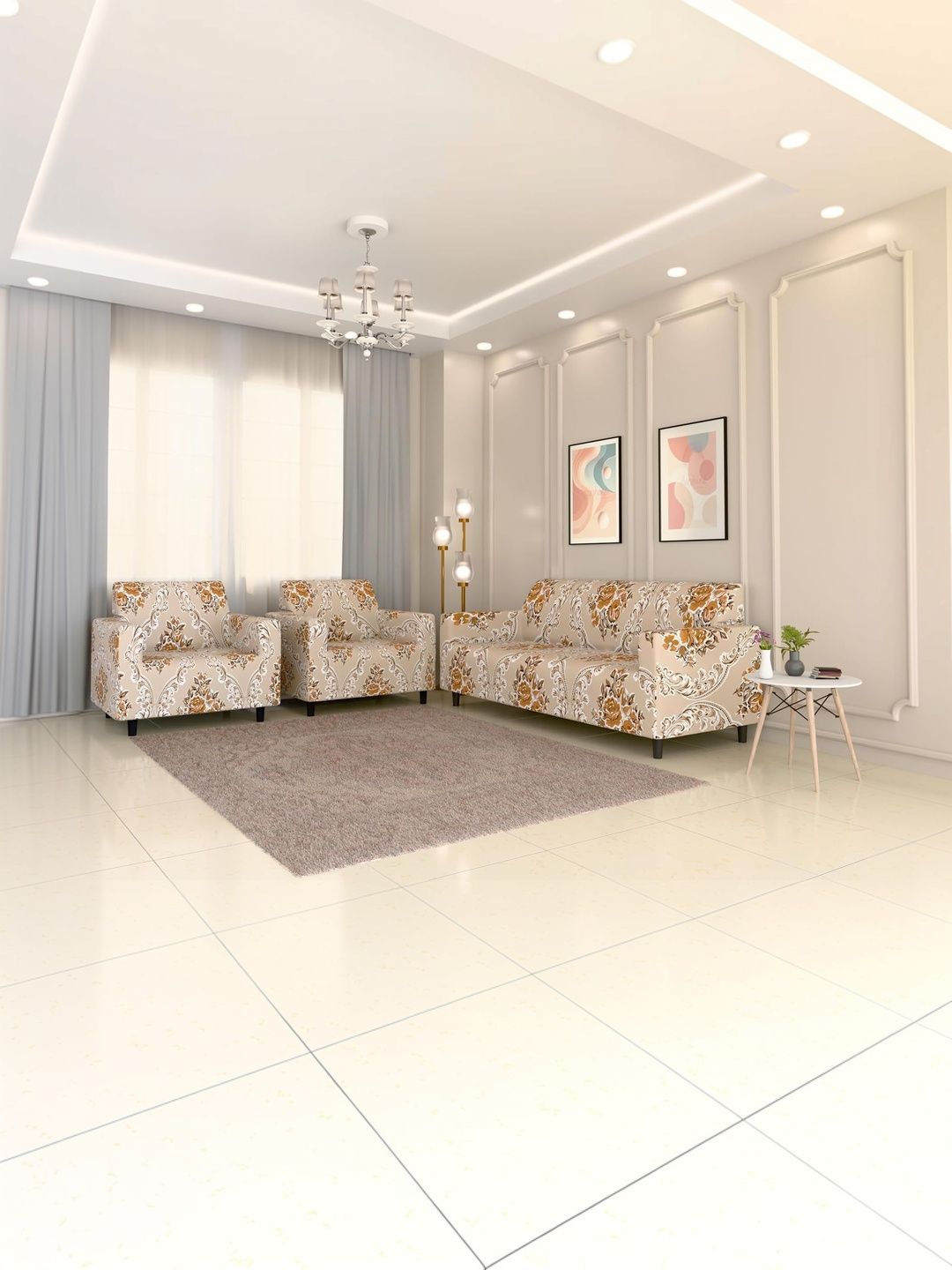 BBESTILO Multicoloured & Beige Printed Polyester 3 Piece Sofa Cover With Arms-picture-38