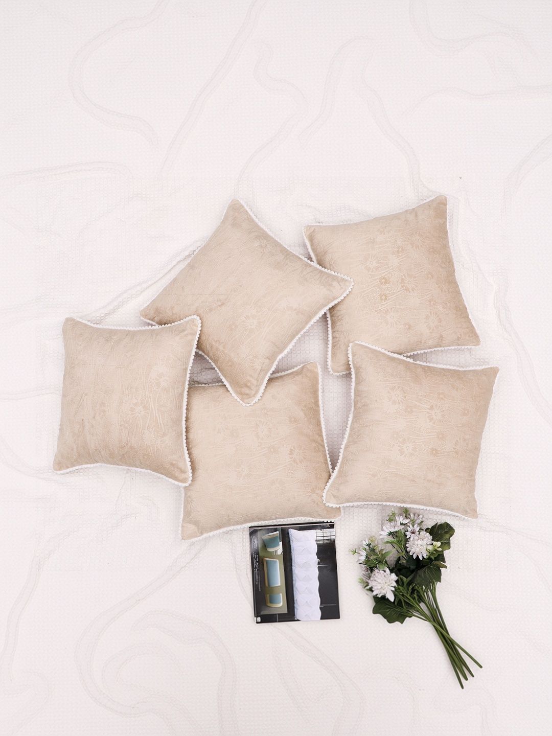 RD TREND Light-Beige Set of 5 Square Velvet Cushion Covers With Pom Pom 16x16 inch-picture-23