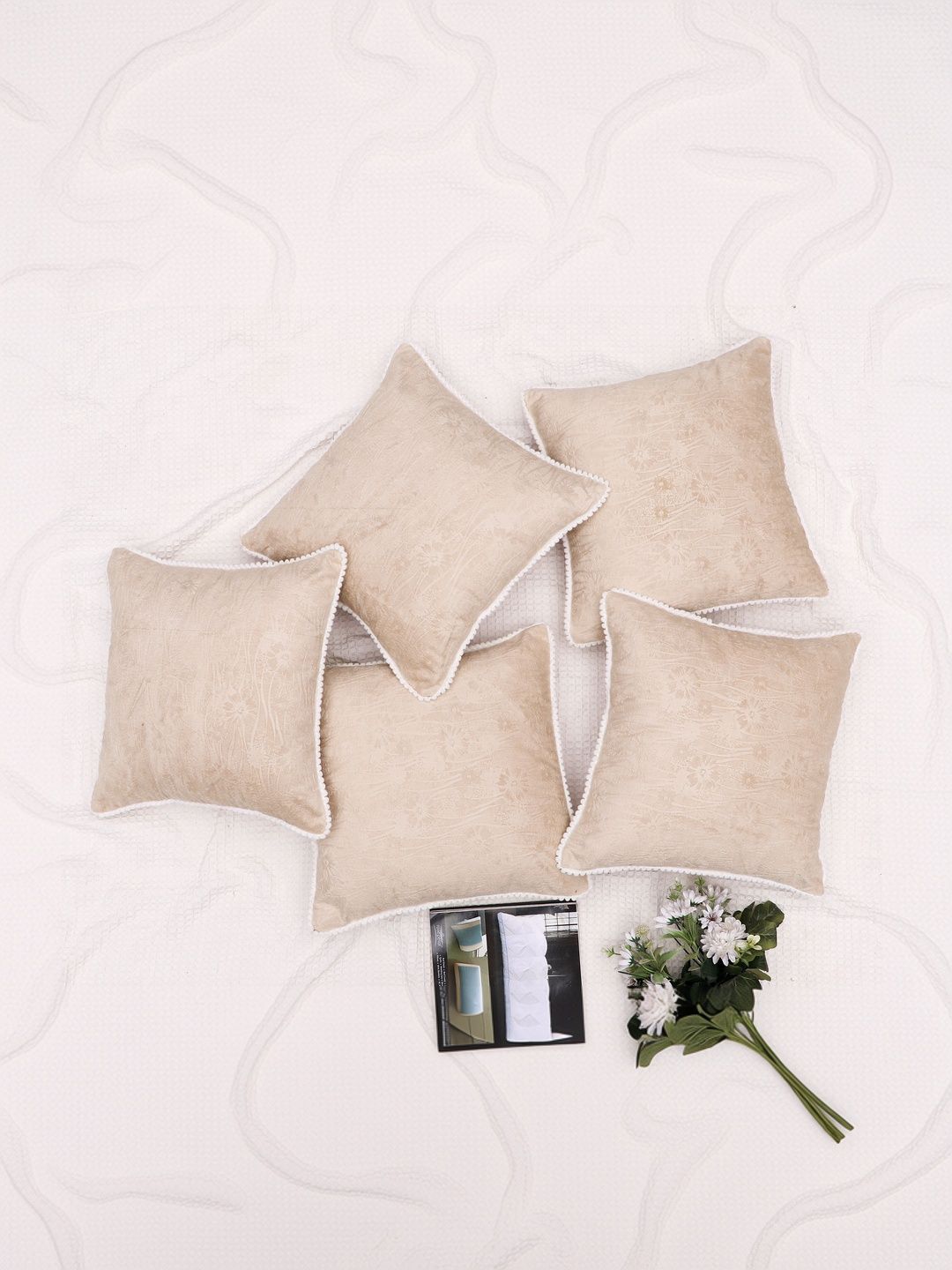 RD TREND Light-Beige Set of 5 Square Velvet Cushion Covers With Pom Pom 18x18 inch-image-27