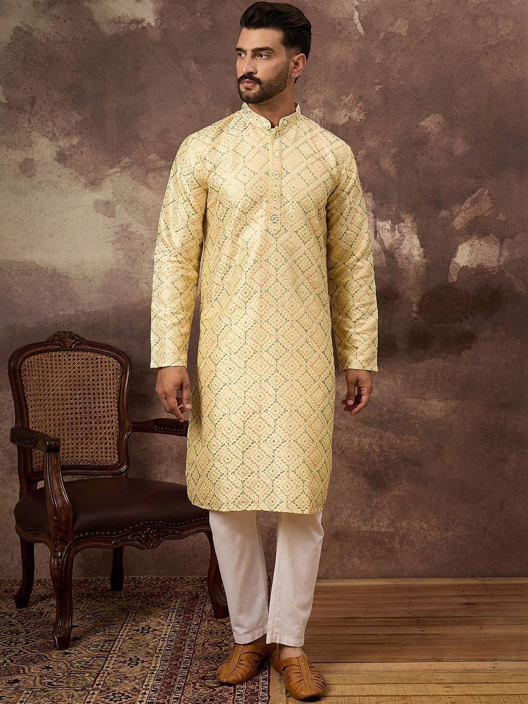 House of Pataudi Embroidered Mandarin Collar Kurta & Trousers-picture-20