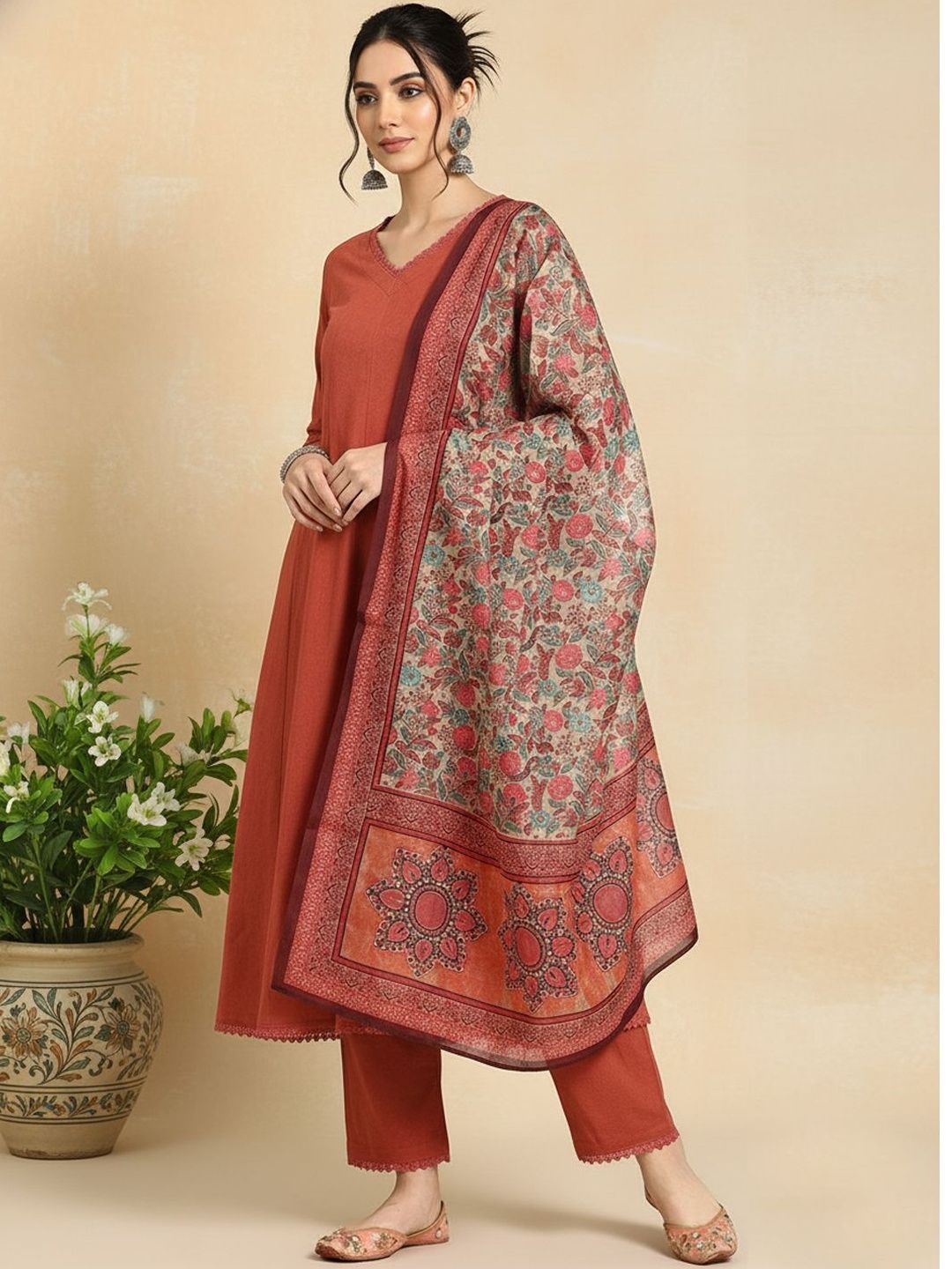 ARADHNA Women Ethnic Motifs Regular Kurta with Trousers & With Dupatta-picture-15