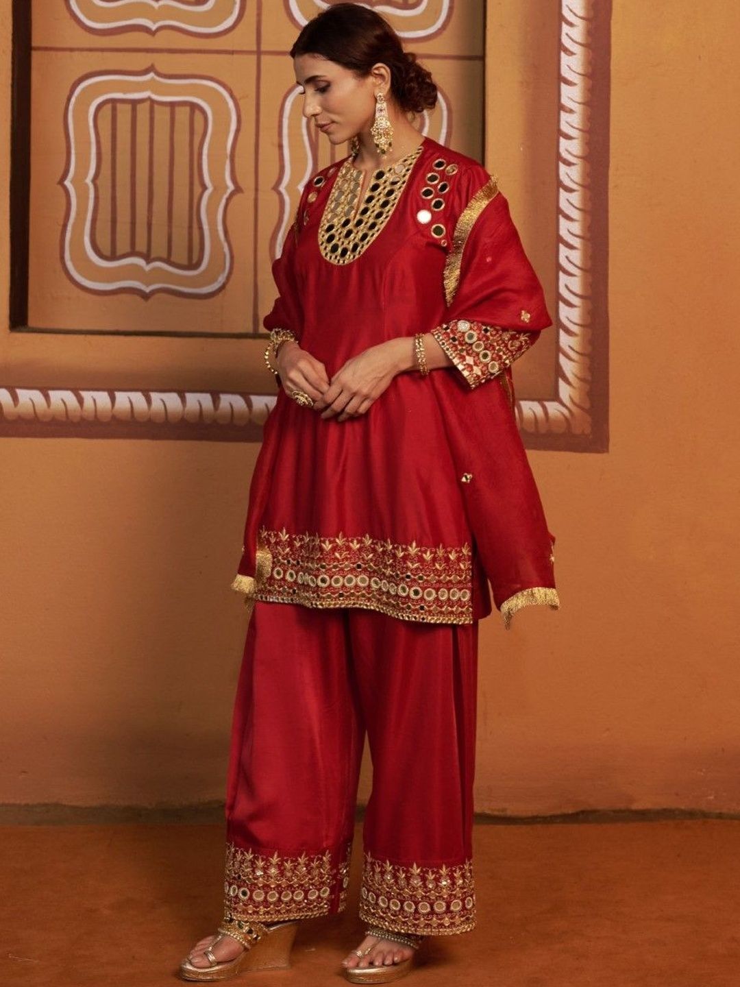 THETAA Women Ethnic Motifs Embroidered Regular Mirror Work Kurta with Palazzos & With Dupatta-picture-19