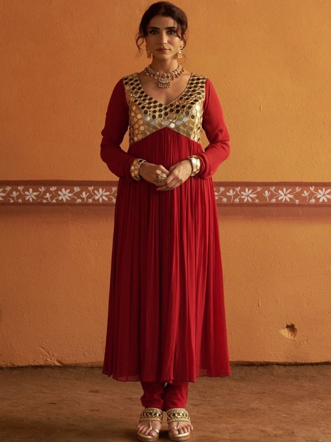 THETAA Women Embroidered Panelled Mirror Work Silk Georgette Kurta with Churidar & With Dupatta-picture-43