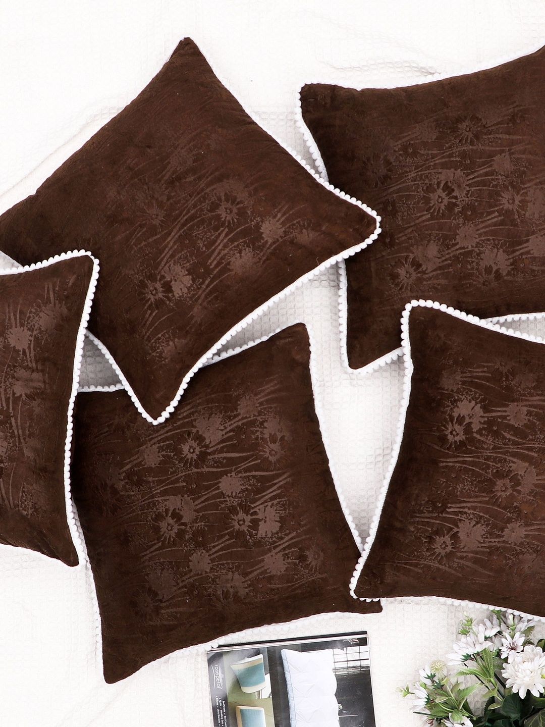 RD TREND Coffee Set of 5 Square Velvet Cushion Covers With Pom Pom 24x24 inch-picture-34