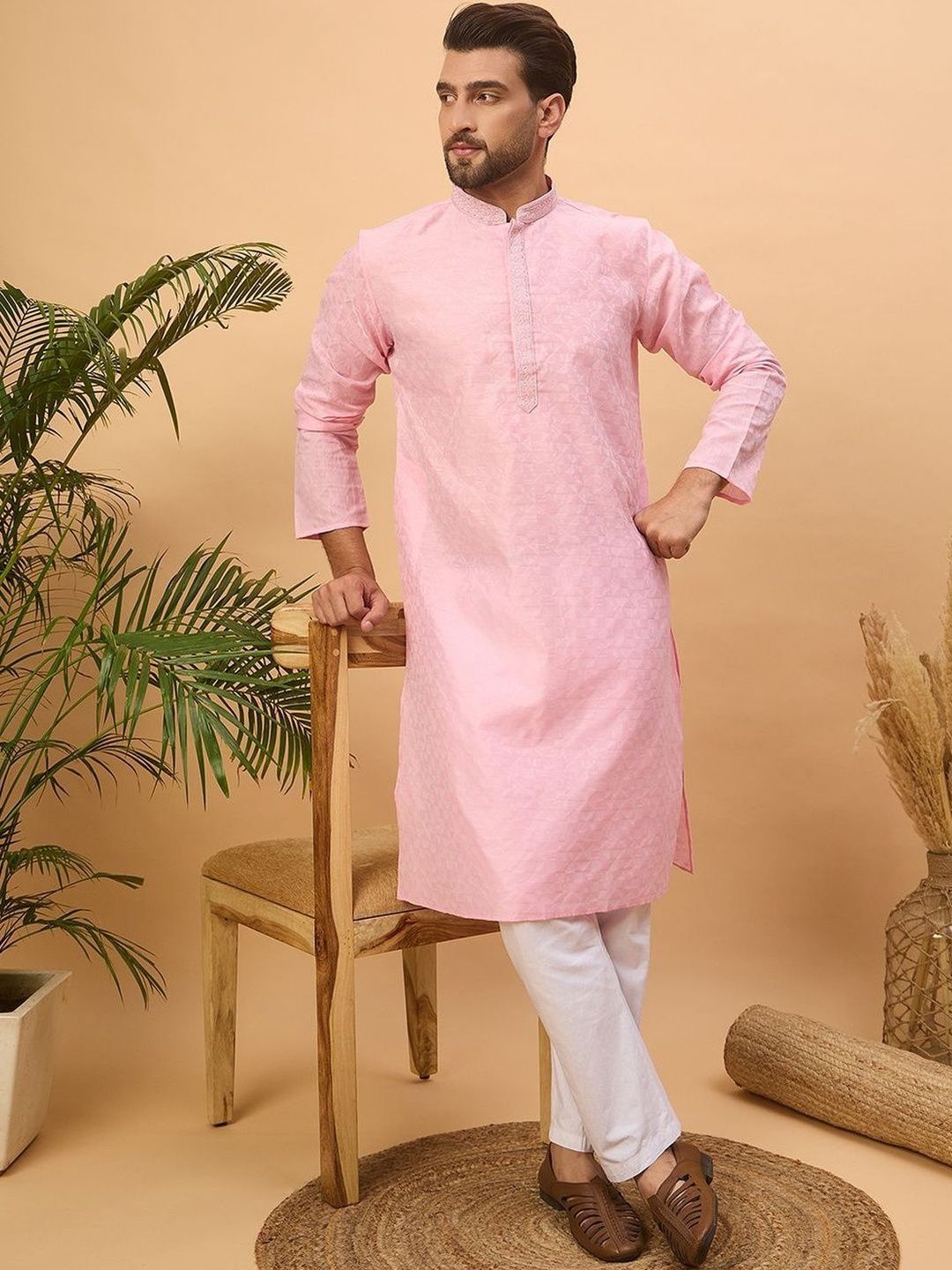 Ethnic Bay Men Regular Thread Work Pure Silk Kurta with Trousers-picture-22