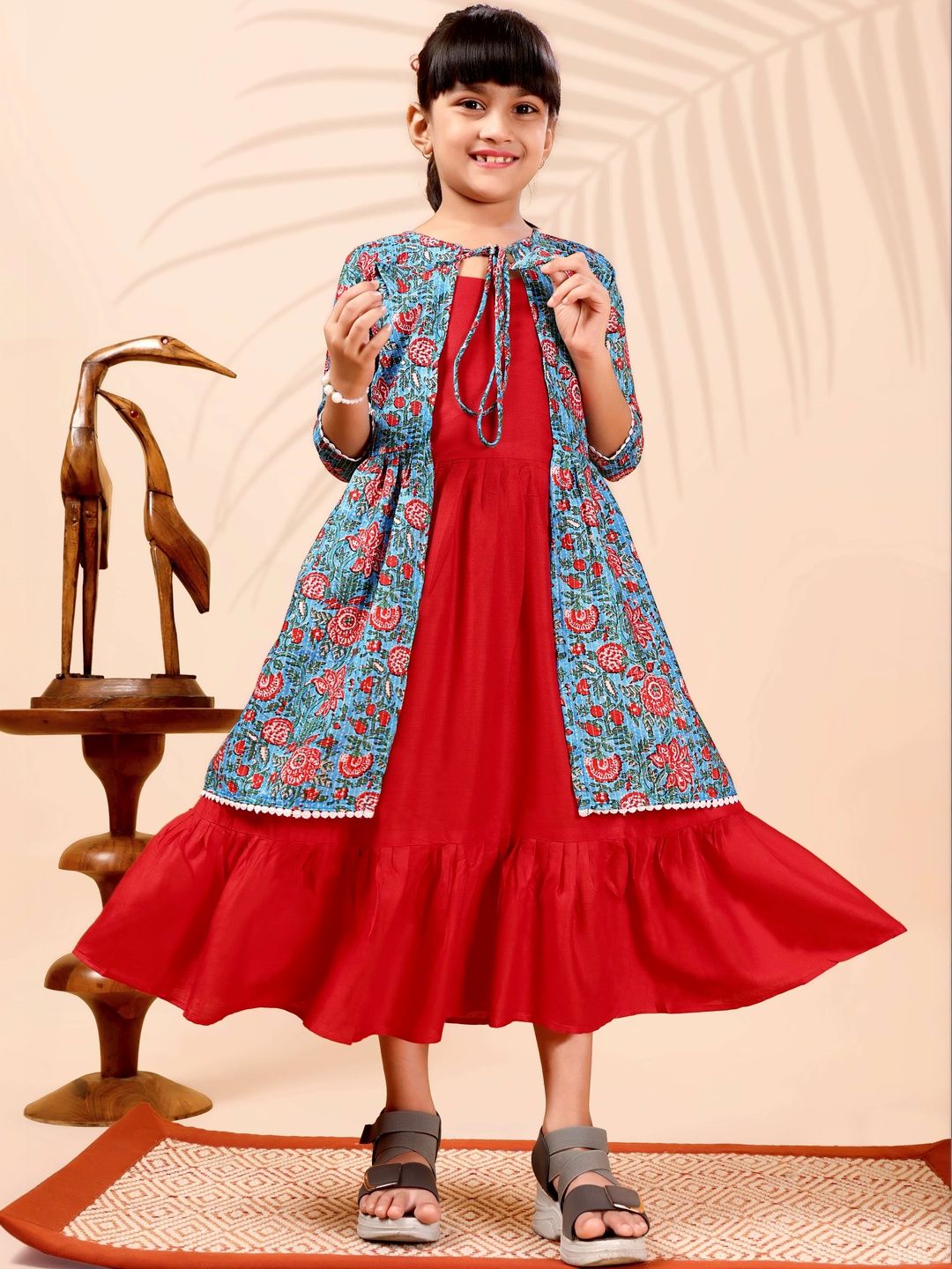 Sangria Girls Fit & Flare Dress With Floral Printed Shrug