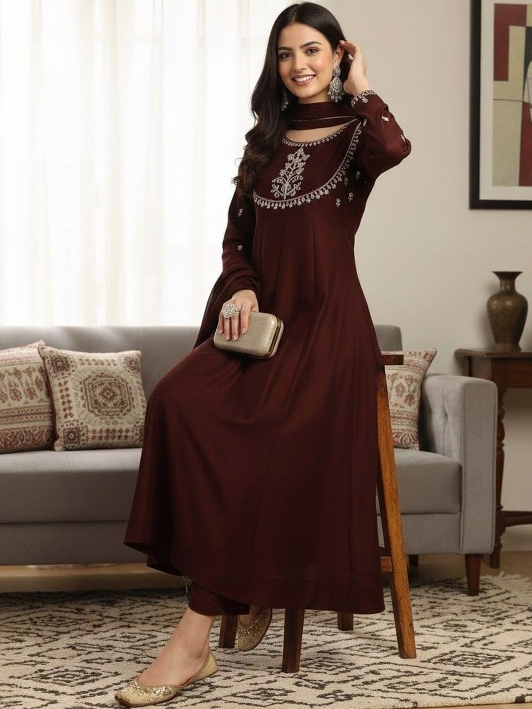all about you Ethnic Motifs Embroidered Panelled Thread Work Kurta with Trousers & Dupatta-picture-49