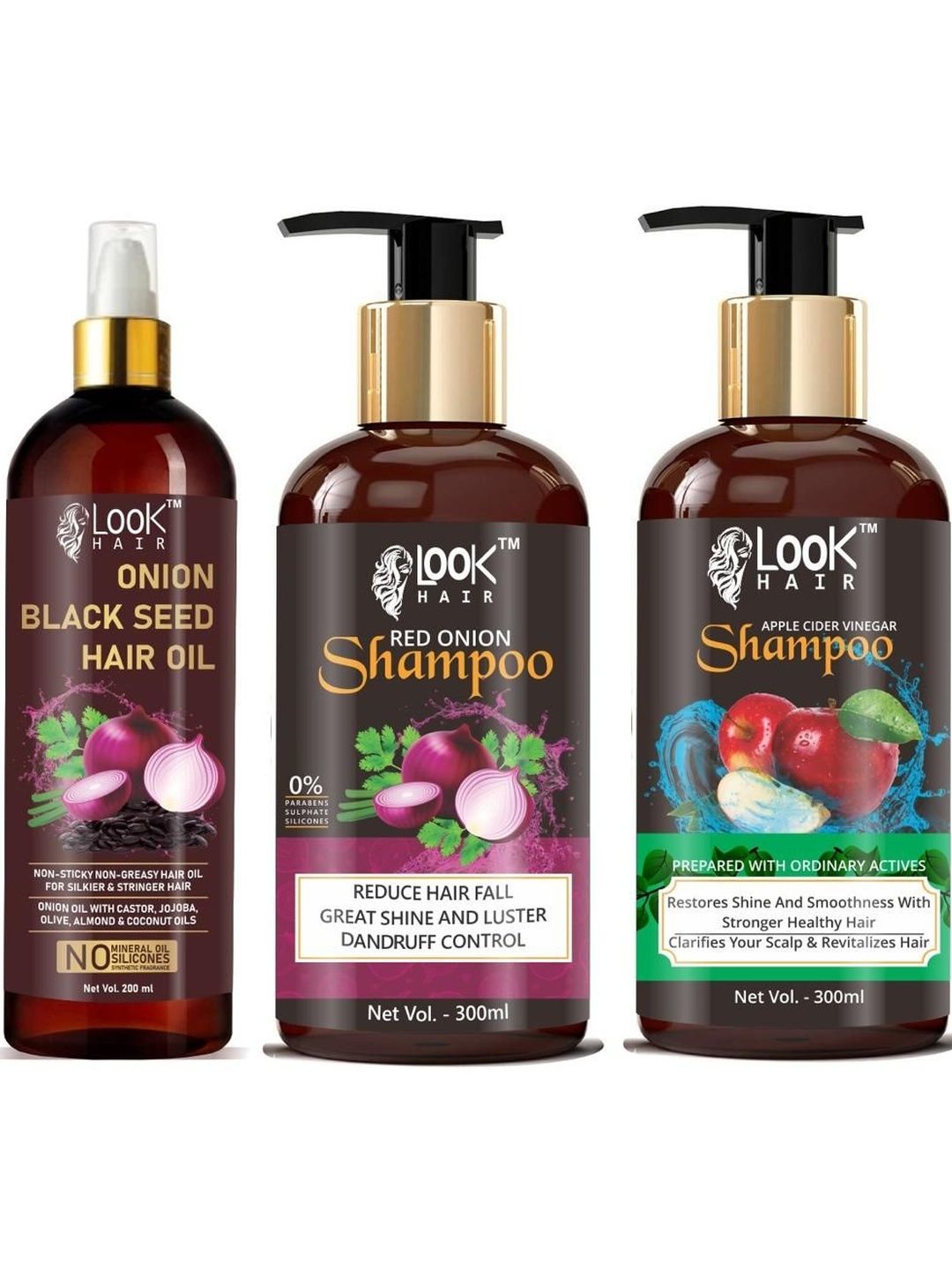 LOOK HAIR 3-Pc Onion Hair Oil - 200ml Red Onion & Apple Cider Vinegar Shampoo - 300ml Each-image-49