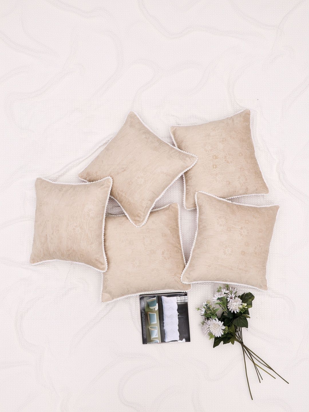 RD TREND Light-Beige Set of 5 Square Velvet Cushion Covers With Pom Pom 24x24 inch-picture-18