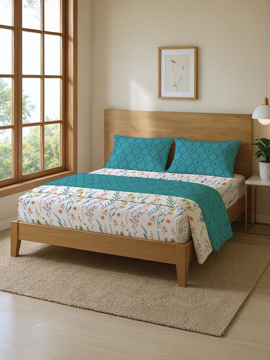 URBAN SPACE Blue & White Floral Other 4 Piece Double Queen Superfine Bedding Set