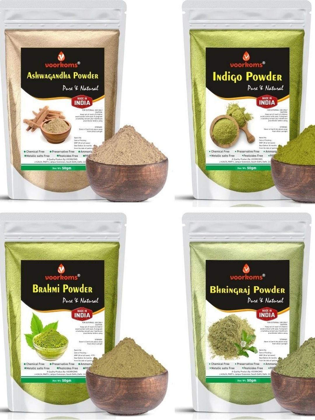 VOORKOMS Set Of 6 Ashwagandha, Indigo, Bhringaraj & Brahmi Powder - 50 g Each-image-49