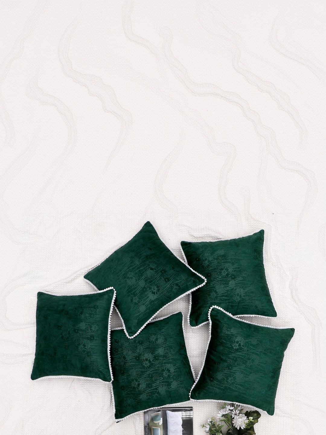 RD TREND Dark Green Set of 5 Square Velvet Cushion Covers With Pom Pom 24x24 inch-picture-13