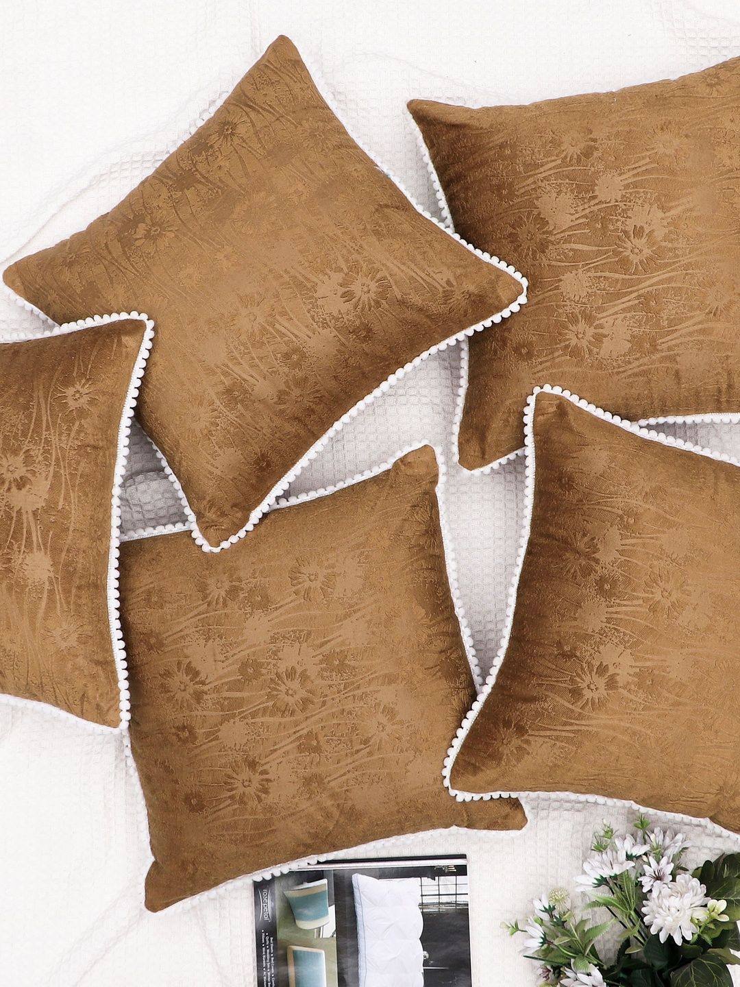 RD TREND Beige-Gold Set of 5 Square Velvet Cushion Covers With Pom Pom 16x16 inch-picture-26