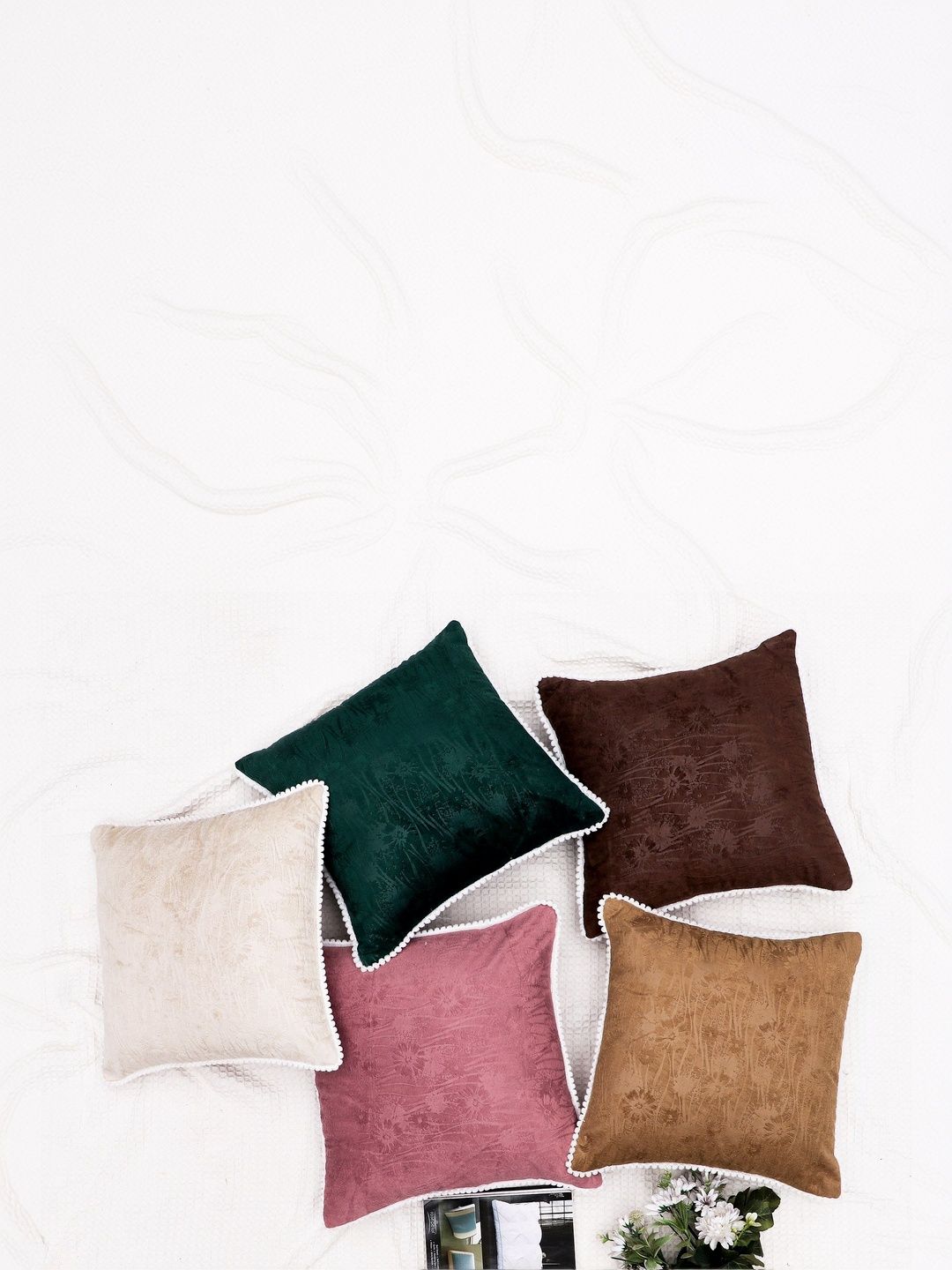 RD TREND Mix-Colors Set of 5 Square Velvet Cushion Covers With Pom Pom 18x18 inch-picture-19