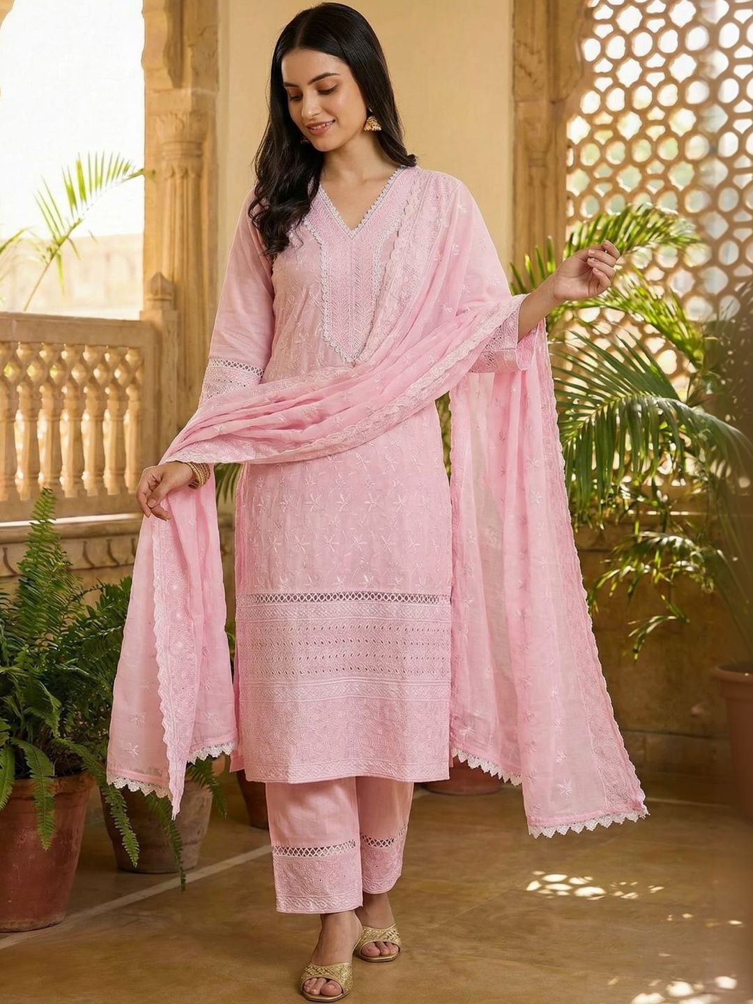 Indo Era Women Ethnic Motifs Embroidered Regular Thread Work Pure Cotton Kurta with Trousers & With Dupatta