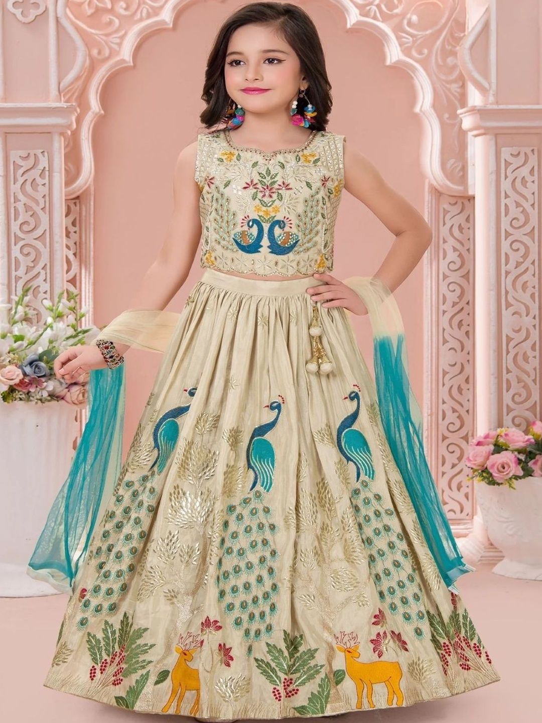 NKV Girls Embroidered Sequinned Tie and Dye Ready to Wear Lehenga & Blouse With Dupatta