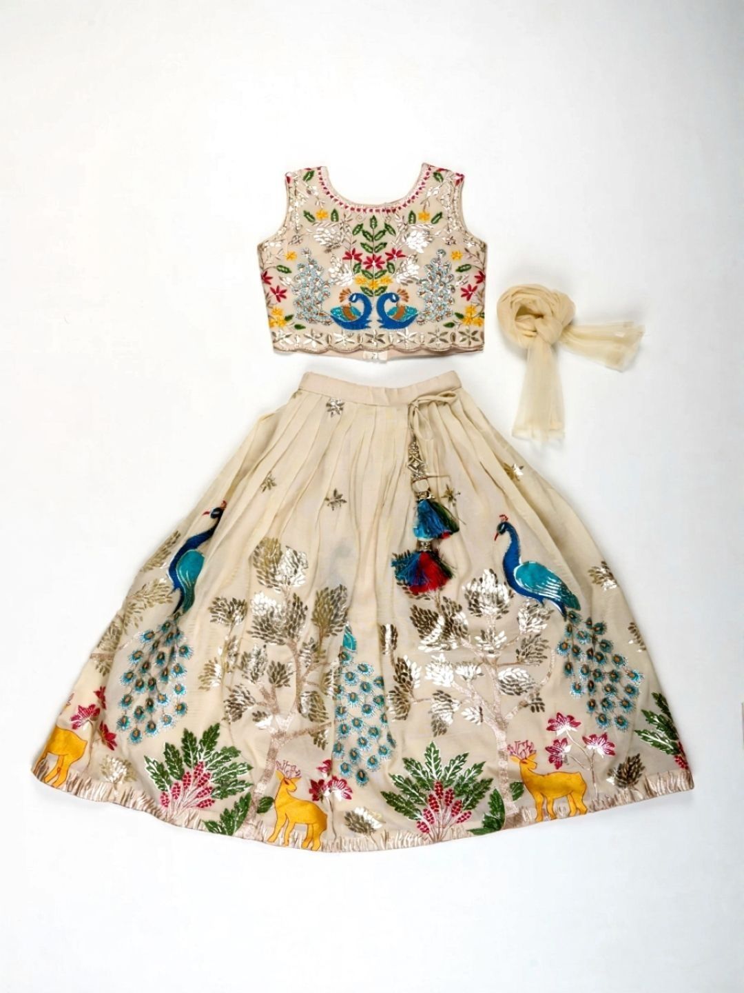 NKV Girls Embroidered Thread Work Foil Print Ready to Wear Lehenga &