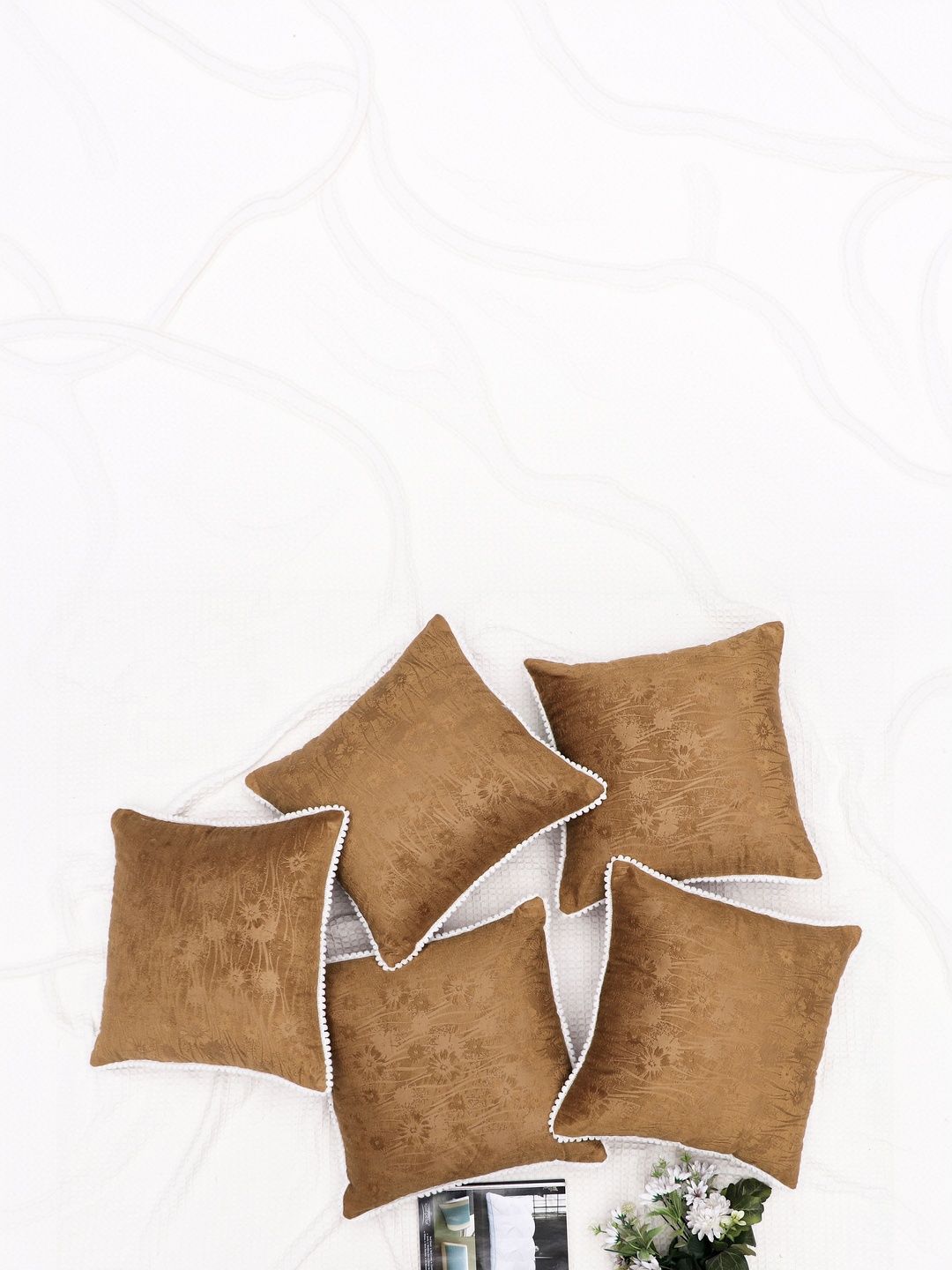 RD TREND Beige-Gold Set of 5 Square Velvet Cushion Covers With Pom Pom 18x18 inch-picture-22