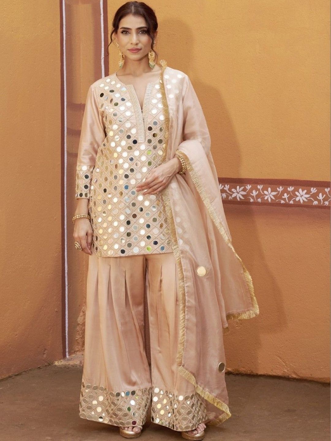THETAA Women Regular Mirror Work Chanderi Silk Kurta with Sharara & With Dupatta-image-31