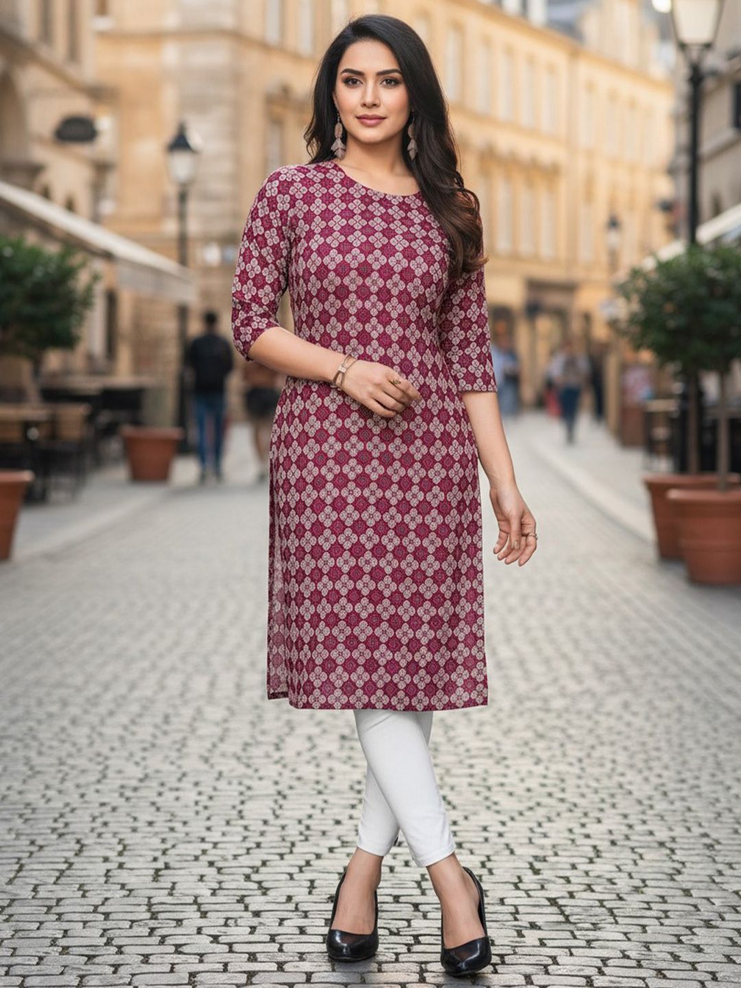 JANKHANA Women Geometric Printed Thread Work Crepe Kurta-picture-0