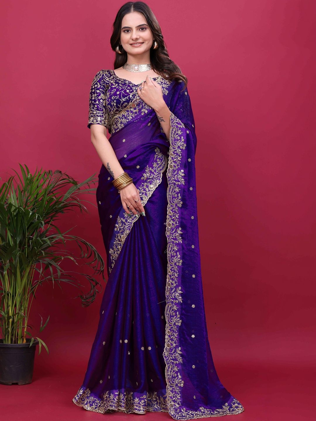 FLAMEKYZER Embellished Embroidered Art Silk Heavy Work Saree