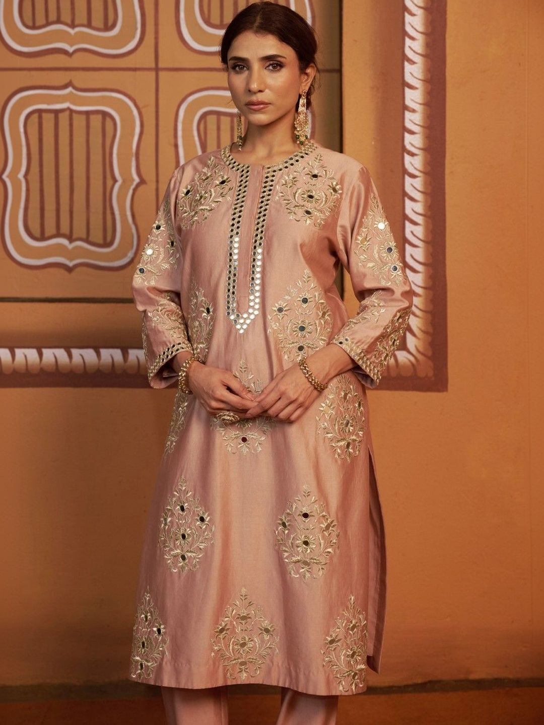 THETAA Women Ethnic Motifs Embroidered Regular Mirror Work Chanderi Silk Kurta with Trousers & With Dupatta-image-32
