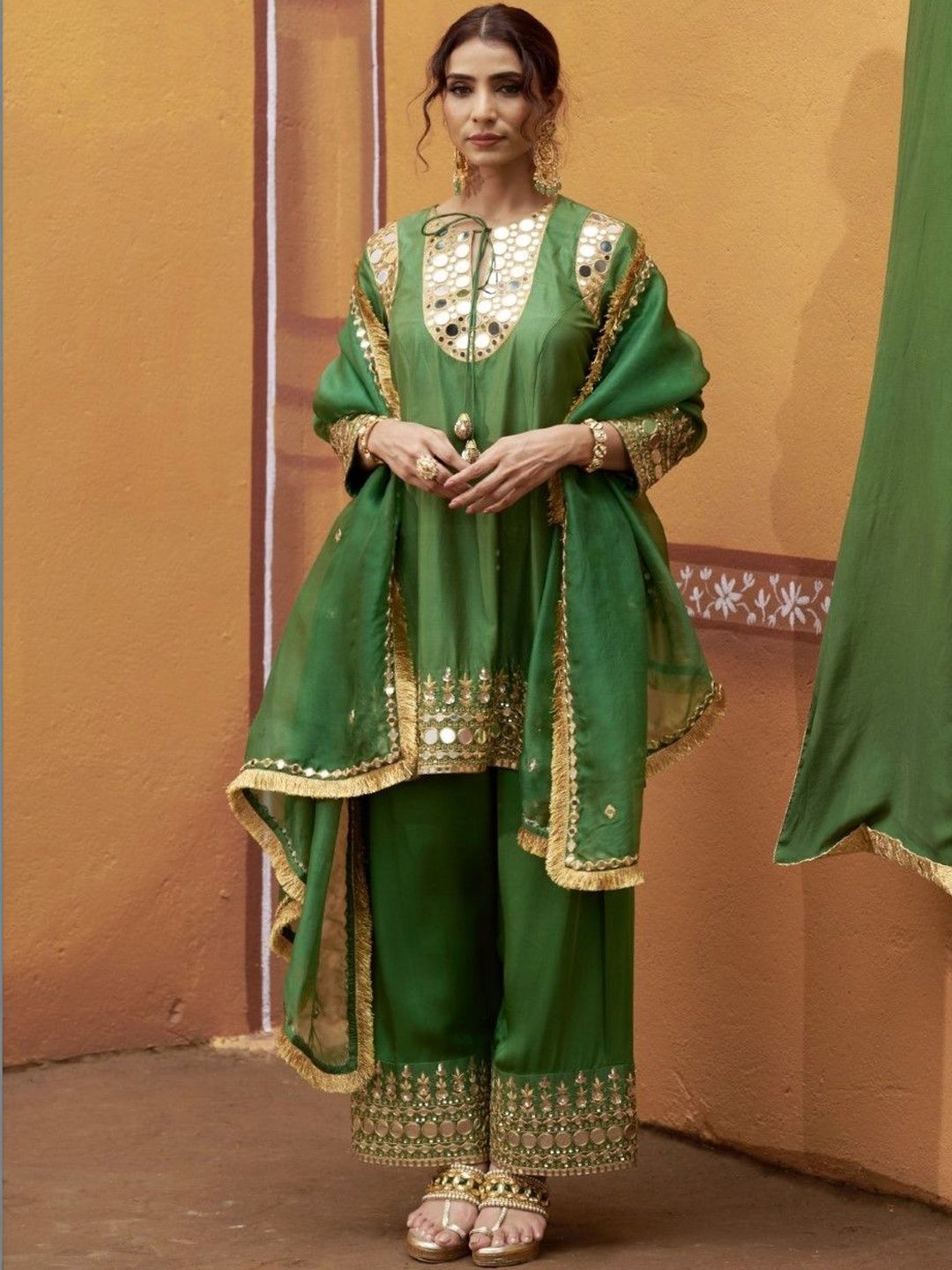 THETAA Women Ethnic Motifs Embroidered Regular Mirror Work Kurta with Palazzos & With Dupatta-image-46